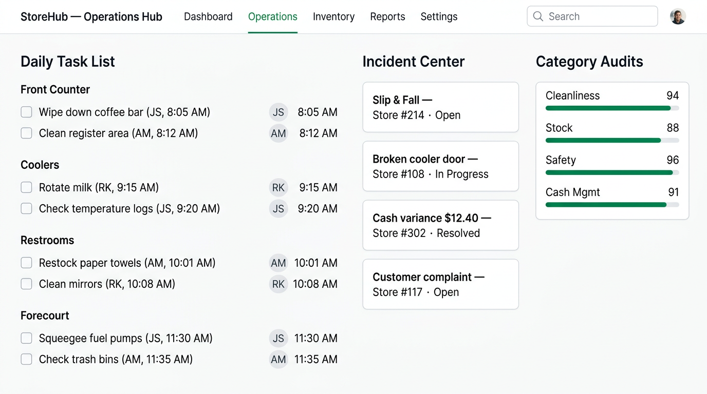 Daily checklists, incidents, and audits in one place.